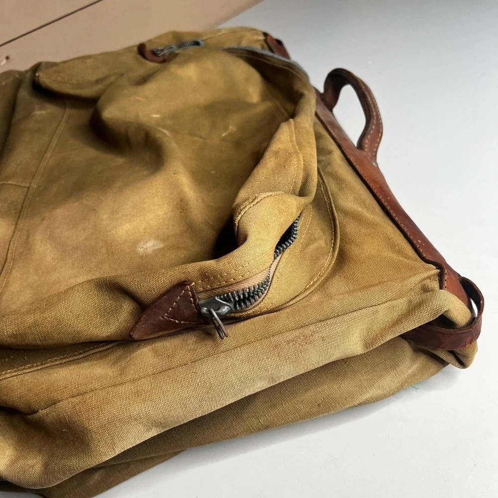 Vintage Military Canvas Garment Bag Khaki Travel Suitcase Leather Distressed